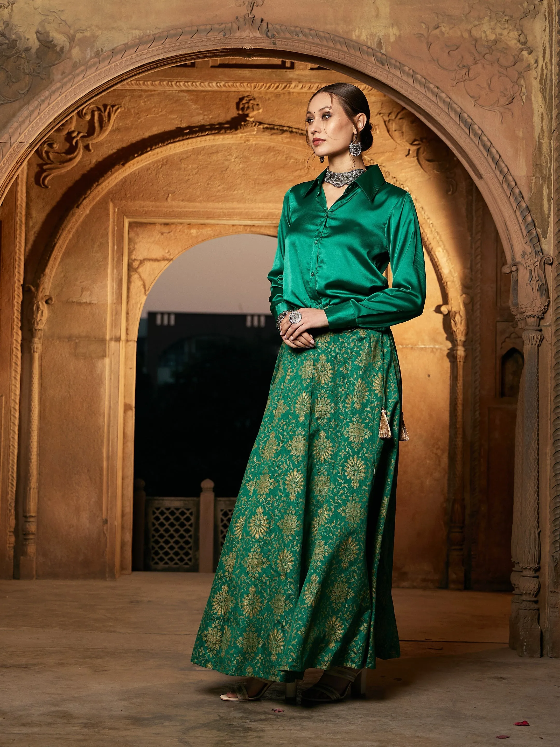 Women Green Brocade Jacquard Anarkali Skirt