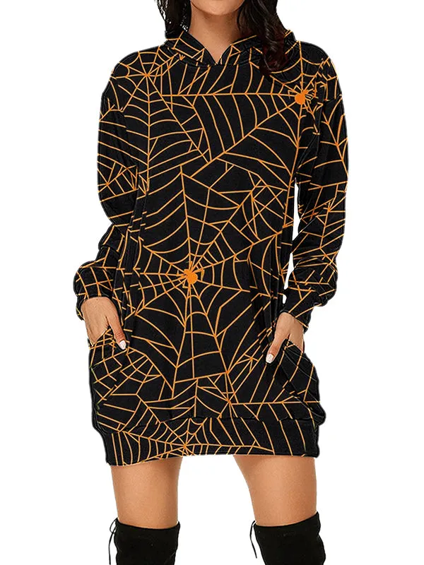 Women Halloween Golden Cobweb Graphic Print Hoodies