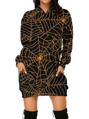 Women Halloween Golden Cobweb Graphic Print Hoodies